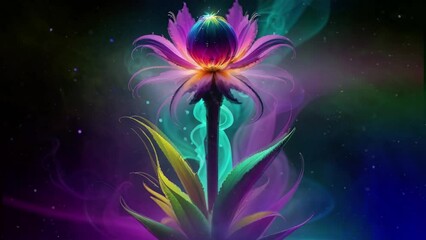 Wall Mural - alien space flower with rainbow smoke 4k loop features an a.i. generated video of an alien plant wit