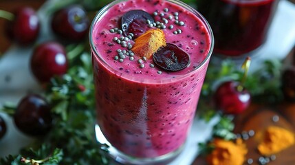 Canvas Print -   A smoothie is garnished with cherries and an orange peel