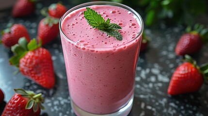 Wall Mural -  A smoothie bowl with a green leaf garnish, served beside a cluster of strawberries