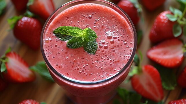  A glass of smoothie with mint sprig in close-up view