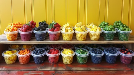 Wall Mural -   Wooden shelf, fruit/veg containers, yellow wall