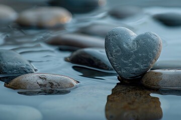 Wall Mural - Heart Stones. Peaceful Nubes Spa Scene with Closeup Heart-shaped Grey Stone on Balanced Pebbles