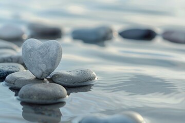 Wall Mural - Heart Stones. Balanced Pebble in Heart Shape on Tranquil Water Background