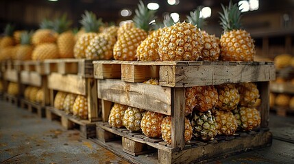 Poster -   Pineapples are piled high on wooden pallets in a spacious room filled with more pineapples