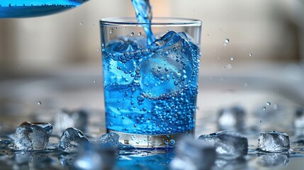 Wall Mural -  A blue drink being poured into a glass with ice cubes on one side and a blue pitcher of water in the background