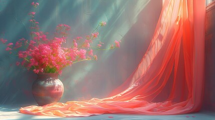 Poster -   A vase brimming with pink blossoms perched atop a table, adjacent to a red cloth billowing through a window