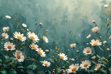 A vibrant and colorful illustration of white chamomile flowers in full bloom, set against a textured green background.