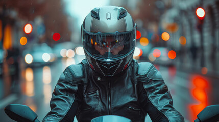 Man on a Motorcycle with Helmet and Gloves in Rainy Urban Street