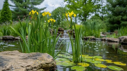 Canvas Print - Yellow Iris pseudacorus in natural pond setting