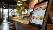 © Prostock-studio - A digital menu screen displaying a variety of food options, including burgers and salads, at a modern restaurant.