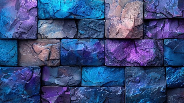   A close-up of a mosaic wall featuring various shades of blue, purple, and gray bricks with a black cat perched atop