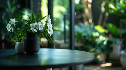 Poster - A bouquet of white flowers in a vase sits on a round table in a room with large windows overlooking a lush, green garden.