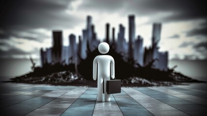 A man with a briefcase standing in front of an urban cityscape, AI