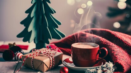 Wall Mural - A cup of hot coffee on a table next to presents, AI