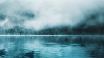 Wall Mural - Serene lake with blue-gray fog ethereal feel