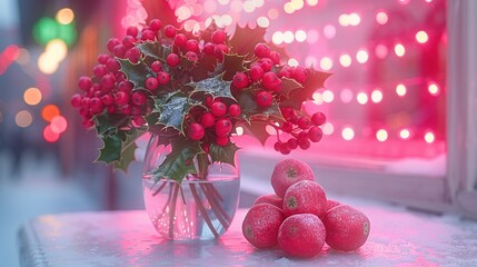 Wall Mural -   Red berries in a vase on a window sill