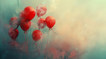 Wall Mural - Floating red balloons hazy pastel surreal