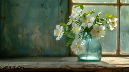 Canvas Print -   A white vase containing flowers rests atop a window sill, adjacent to wooden one