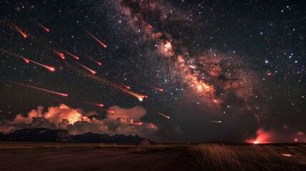 Crimson comets streaking across night sky fiery trails