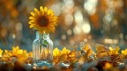 Canvas Print -   A vase with a sunflower rests on the ground amidst scattered leaves, while a blurry background adds depth to the scene