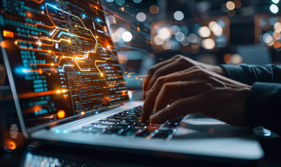 Coding Programmer Working on Laptop with Circuit Board and JavaScript on Virtual Screen - Software Development, Digital Technology Concept