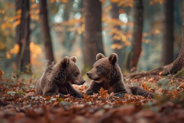 a pair of bears standing in the woods with grass and trees