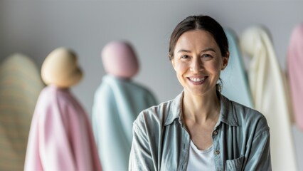 Poster - A woman smiling in front of a group of people made out of paper, AI