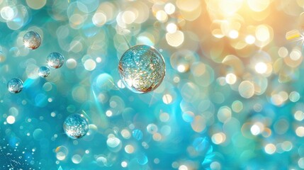 Wall Mural -   A cluster of bubbles floating above a blue-green water surface, illuminated by a sunburst