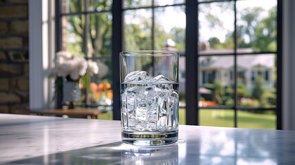 Wall Mural -   A glass of water on a table facing a house in the background through a window