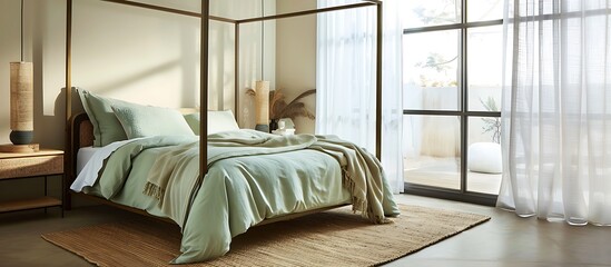 Wall Mural - Stylish bedroom with a four-poster bed, light green bedding, and a woven jute rug, accented by a large window with sheer curtains