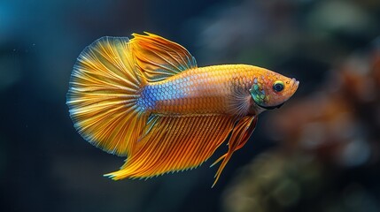 Wall Mural -   A close-up of a yellow and blue fish against a black background with a blurred background behind it