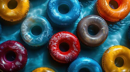   A colorful array of donuts arranged on blue and yellow inflatable floaters