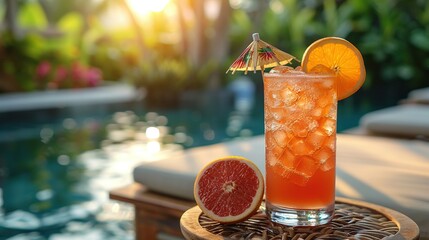 Wall Mural -   A drink with a grapefruit slice and an umbrella on a table near a swimming pool