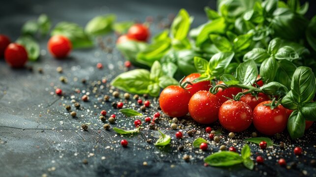 close-up of ripe tomatoes, fragrant basil leaves, and a sprinkling of peppercorns on a dark surface