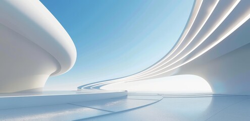 Wall Mural - Abstract background with blue sky and curved white architecture. White stripe pattern on a futuristic background. Texture Flow Backgrounds Color Speed Abstraction Curve Backdrop