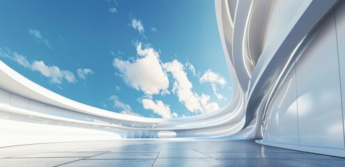 Wall Mural - Abstract background with blue sky and curved white architecture. White stripe pattern on a futuristic background. Texture Flow Backgrounds Color Speed Abstraction Curve Backdrop