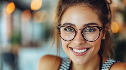 Wall Mural - A woman wearing round glasses smiles warmly with a bright white smile in a blurred cafe setting