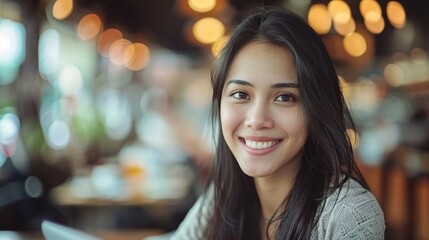 Wall Mural - A woman smiles brightly in a cafe setting, warm lighting creates a cozy atmosphere