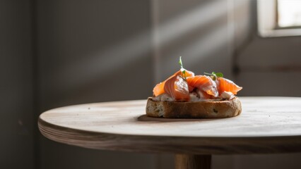 Wall Mural - A small plate of food on a wooden table with windows, AI