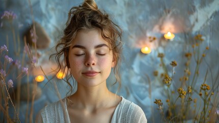 Canvas Print - young woman with her eyes closed on spa background. candles and a stone. place for the inscription, top view 