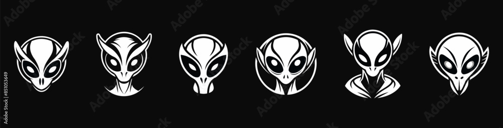 Set of white silhouettes of alien heads isolated on black background ...