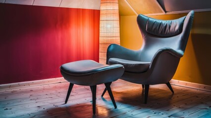 Sticker - A chair and ottoman in a room with colorful walls, AI