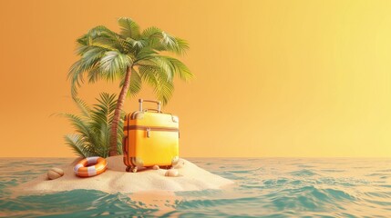 A yellow suitcase is on a beach next to two palm trees. The scene is bright and cheerful, with the suitcase and palm trees creating a sense of adventure and relaxation