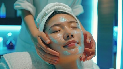 Canvas Print - Beautiful asian woman receiving facial and massage at luxury spa for relaxation