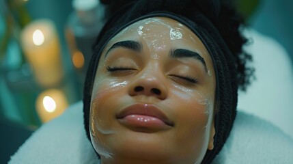 Canvas Print - beautifil black woman receiving facial massage and relaxing at spa