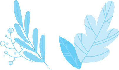 Wall Mural - Delicate blue botanical leaves twigs against isolated white background. Simplistic design subtle vein patterns, blue cyan hues dominate graphic. Simplistic leaves stems dots background