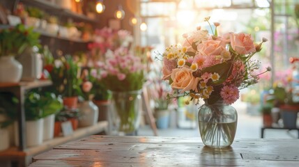 Poster - Close-up of a pink and white flower bouquet in a glass vase on a wooden table in a flower shop. Vase in focus, shelves blurred.
