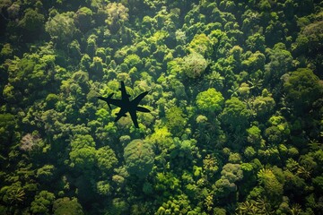 Wall Mural - Aerial view of airplane shadow flying over dense tropical jungle, rainforest background. Landscape with green trees and vegetation from above