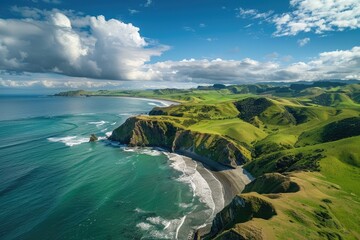 Wall Mural - Aerial view of Rhee Head in New Zealand, with green hills and cliffs overlooking the ocean, sandy beaches, dramatic clouds, clear blue sky, natural landscape photography, wide angle