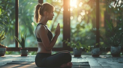 Wall Mural - A woman practices yoga in a sunlit room with a window view. She sits with her hands clasped together in front of her chest, focusing on her breath.